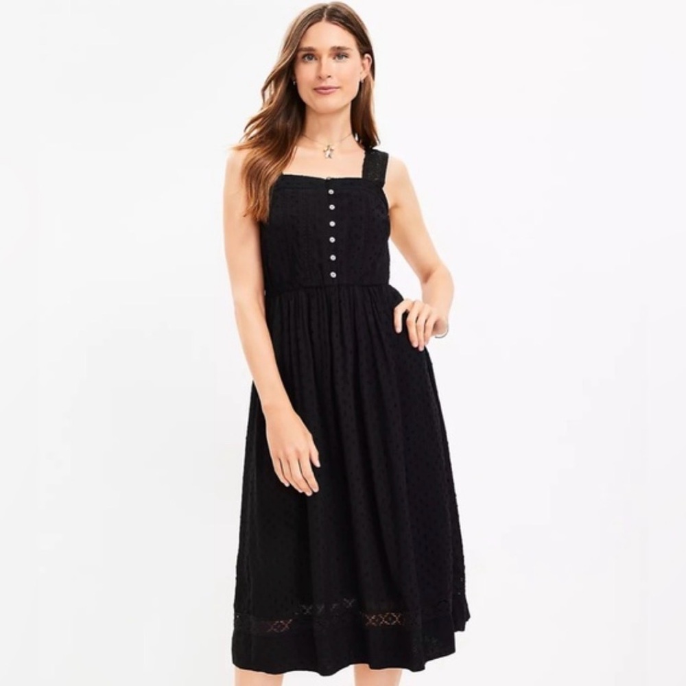 LOFT Clip Lace Button Square Neck Midi Dress
